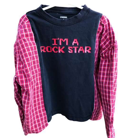 Upcycled Boy’s Plaid Tee: Rock Star Graphic T-Shirt w/Long Sleeves, Size 6-10 - Picture 6 of 8